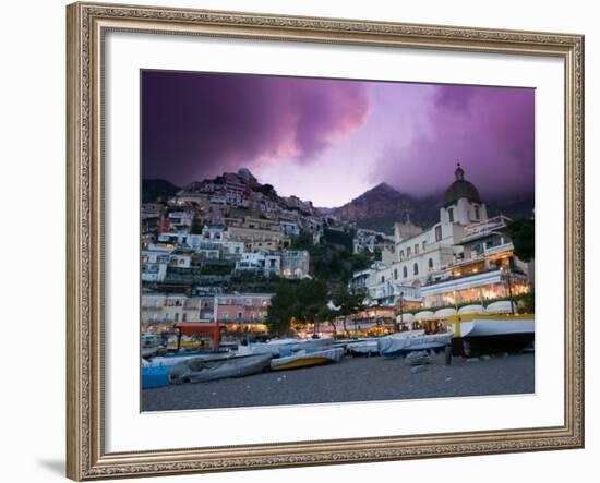 Santa Maria Assunta Church, Spiaggia Grande at Sunset, Positano, Amalfi Coast, Campania, Italy-Walter Bibikow-Framed Photographic Print