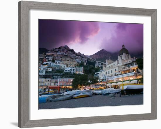 Santa Maria Assunta Church, Spiaggia Grande at Sunset, Positano, Amalfi Coast, Campania, Italy-Walter Bibikow-Framed Photographic Print