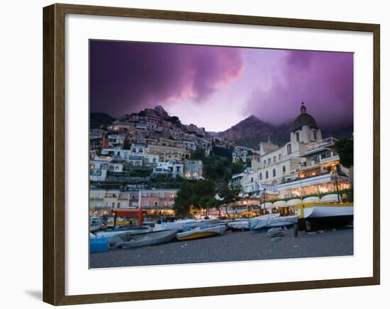 Santa Maria Assunta Church, Spiaggia Grande at Sunset, Positano, Amalfi Coast, Campania, Italy-Walter Bibikow-Framed Photographic Print