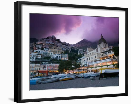 Santa Maria Assunta Church, Spiaggia Grande at Sunset, Positano, Amalfi Coast, Campania, Italy-Walter Bibikow-Framed Photographic Print