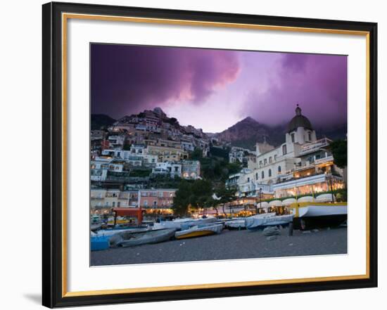 Santa Maria Assunta Church, Spiaggia Grande at Sunset, Positano, Amalfi Coast, Campania, Italy-Walter Bibikow-Framed Photographic Print