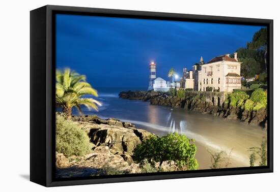 Santa Marta Lighthouse Museum and Casa Museu de Santa Maria floodlit at dawn-Stuart Black-Framed Premier Image Canvas