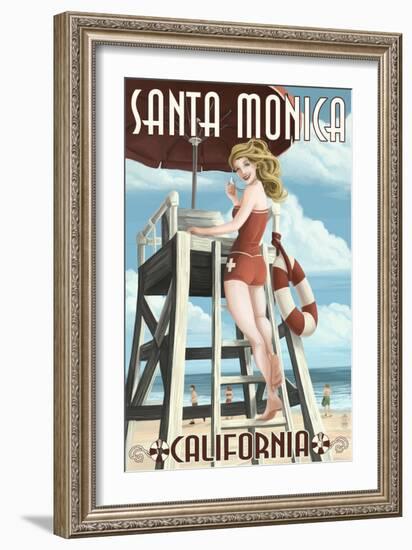 Santa Monica, California - Lifeguard Pinup-Lantern Press-Framed Art Print