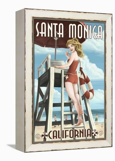 Santa Monica, California - Lifeguard Pinup-Lantern Press-Framed Stretched Canvas