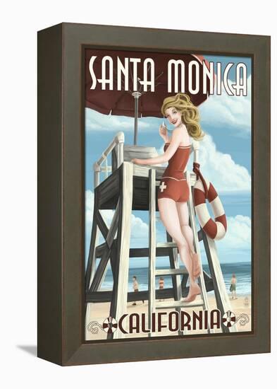 Santa Monica, California - Lifeguard Pinup-Lantern Press-Framed Stretched Canvas