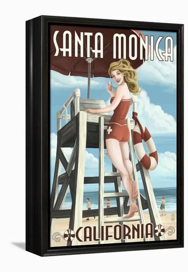 Santa Monica, California - Lifeguard Pinup-Lantern Press-Framed Stretched Canvas