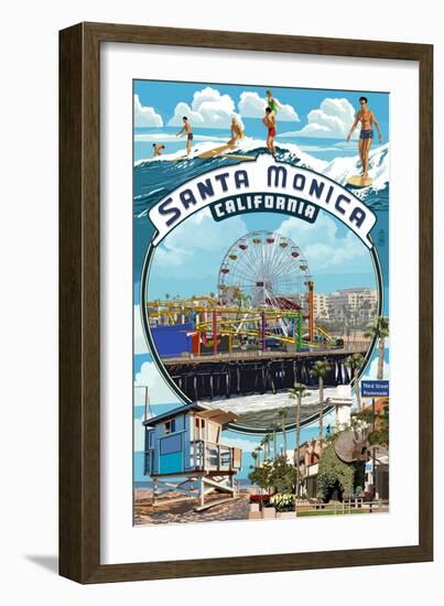 Santa Monica, California - Montage Scenes-Lantern Press-Framed Art Print