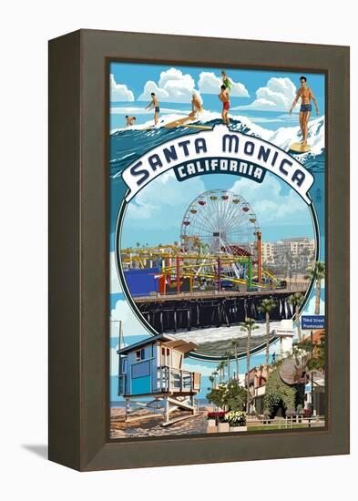 Santa Monica, California - Montage Scenes-Lantern Press-Framed Stretched Canvas