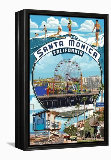 Santa Monica, California - Montage Scenes-Lantern Press-Framed Stretched Canvas