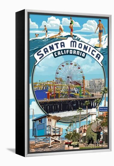 Santa Monica, California - Montage Scenes-Lantern Press-Framed Stretched Canvas