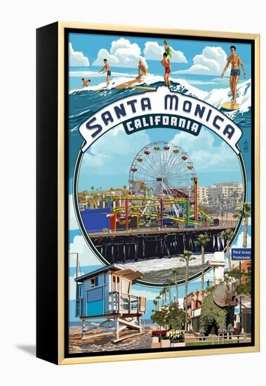 Santa Monica, California - Montage Scenes-Lantern Press-Framed Stretched Canvas