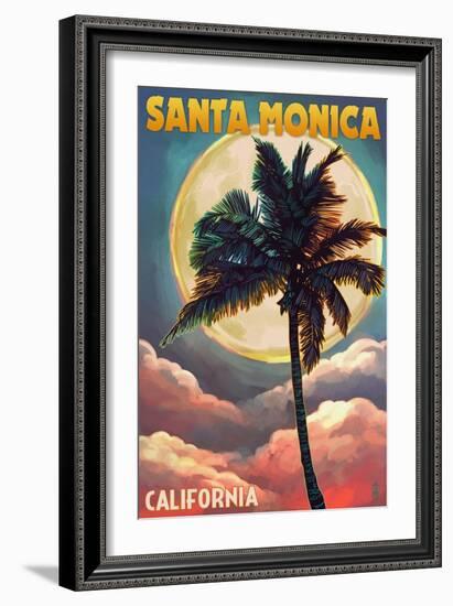 Santa Monica, California - Palm and Moon-Lantern Press-Framed Art Print