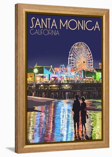 Santa Monica, California - Pier at Night-Lantern Press-Framed Stretched Canvas