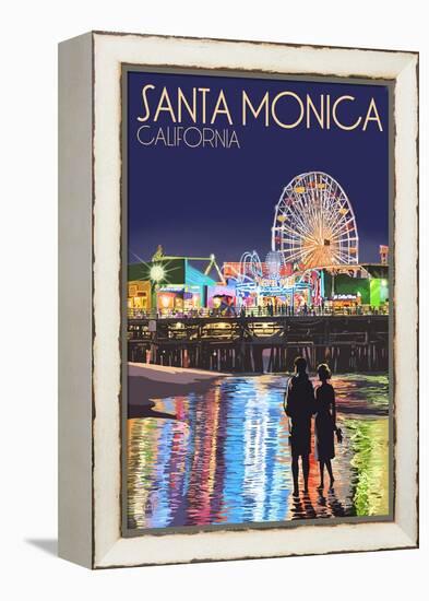 Santa Monica, California - Pier at Night-Lantern Press-Framed Stretched Canvas