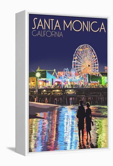 Santa Monica, California - Pier at Night-Lantern Press-Framed Stretched Canvas