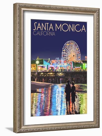 Santa Monica, California - Pier at Night-Lantern Press-Framed Art Print