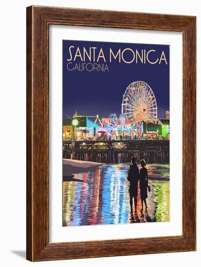 Santa Monica, California - Pier at Night-Lantern Press-Framed Art Print