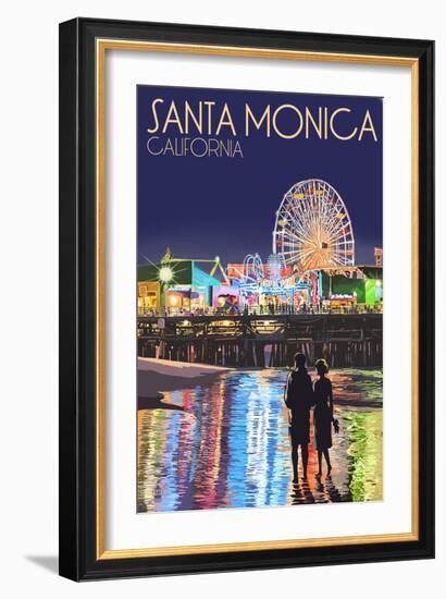 Santa Monica, California - Pier at Night-Lantern Press-Framed Art Print