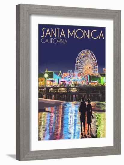 Santa Monica, California - Pier at Night-Lantern Press-Framed Premium Giclee Print