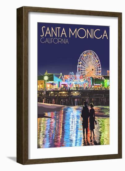 Santa Monica, California - Pier at Night-Lantern Press-Framed Premium Giclee Print