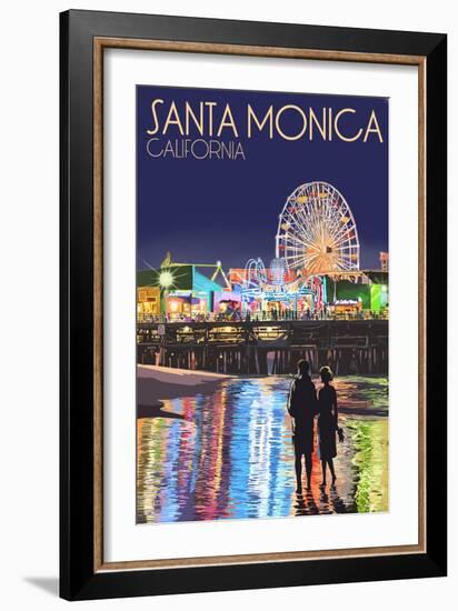 Santa Monica, California - Pier at Night-Lantern Press-Framed Premium Giclee Print