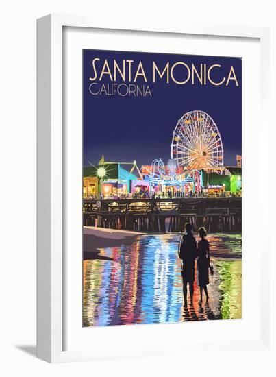 Santa Monica, California - Pier at Night-Lantern Press-Framed Premium Giclee Print