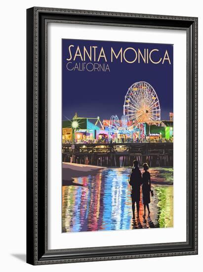 Santa Monica, California - Pier at Night-Lantern Press-Framed Premium Giclee Print