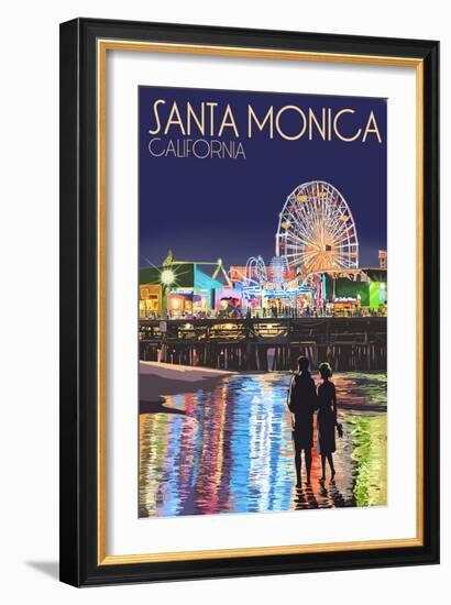 Santa Monica, California - Pier at Night-Lantern Press-Framed Premium Giclee Print