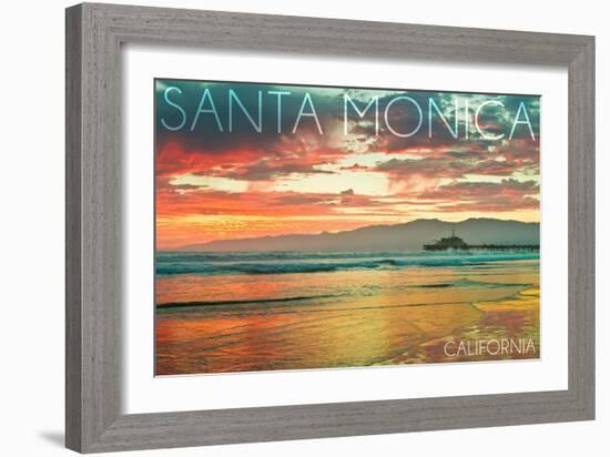 Santa Monica, California - Pier at Sunset-Lantern Press-Framed Art Print