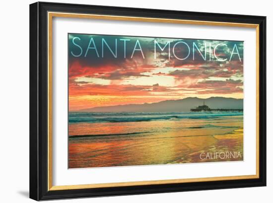 Santa Monica, California - Pier at Sunset-Lantern Press-Framed Art Print