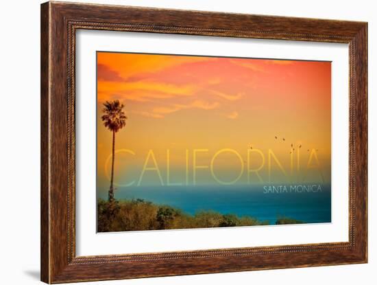Santa Monica, California - Sunset and Bird-Lantern Press-Framed Art Print
