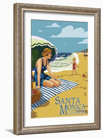 Santa Monica, California - Woman on the Beach-Lantern Press-Framed Art Print