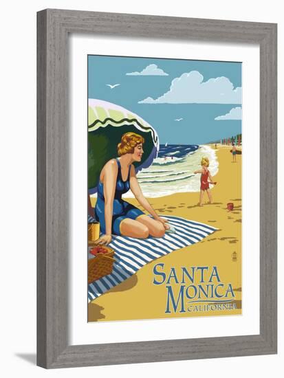 Santa Monica, California - Woman on the Beach-Lantern Press-Framed Art Print