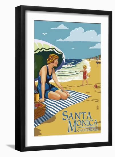 Santa Monica, California - Woman on the Beach-Lantern Press-Framed Art Print