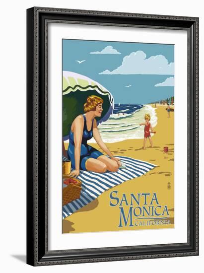 Santa Monica, California - Woman on the Beach-Lantern Press-Framed Art Print