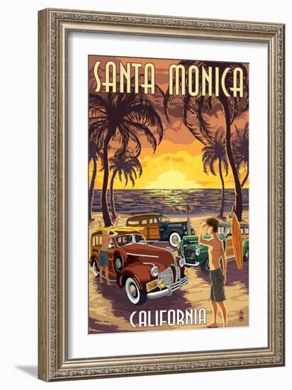 Santa Monica, California - Woodies and Sunset-Lantern Press-Framed Art Print