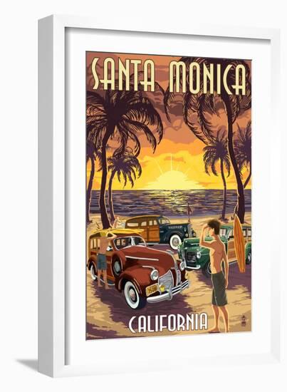 Santa Monica, California - Woodies and Sunset-Lantern Press-Framed Art Print