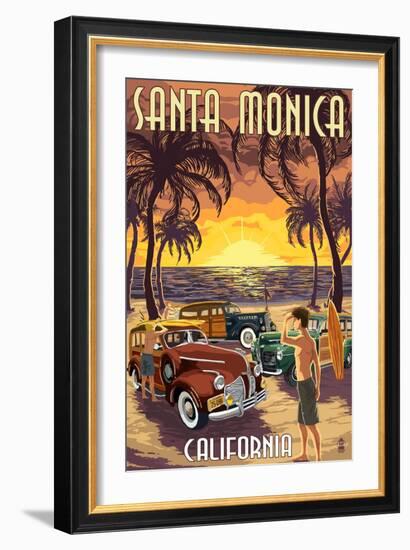 Santa Monica, California - Woodies and Sunset-Lantern Press-Framed Art Print