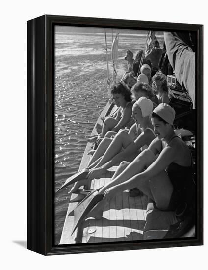 Santa Monica Life Guard's Party Aboard Boat, Girls Putting on Fins to Go Diving-Peter Stackpole-Framed Premier Image Canvas