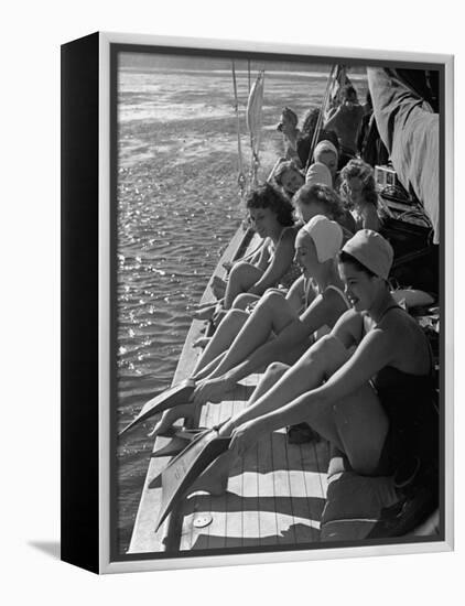 Santa Monica Life Guard's Party Aboard Boat, Girls Putting on Fins to Go Diving-Peter Stackpole-Framed Premier Image Canvas