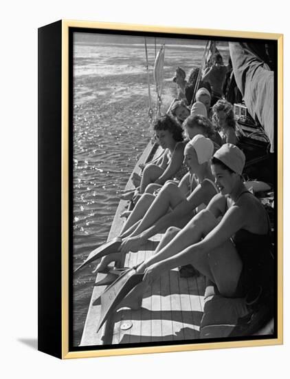 Santa Monica Life Guard's Party Aboard Boat, Girls Putting on Fins to Go Diving-Peter Stackpole-Framed Premier Image Canvas