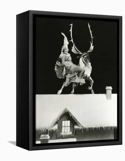 Santa's Helper on a Reindeer on Rooftop-null-Framed Stretched Canvas