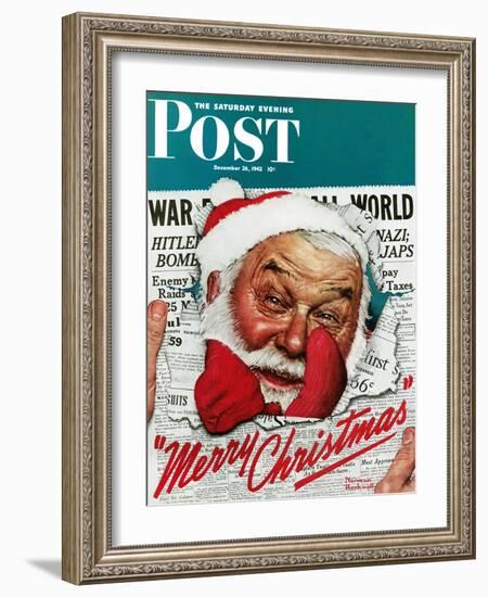 "Santa's in the News" Saturday Evening Post Cover, December 26,1942-Norman Rockwell-Framed Giclee Print