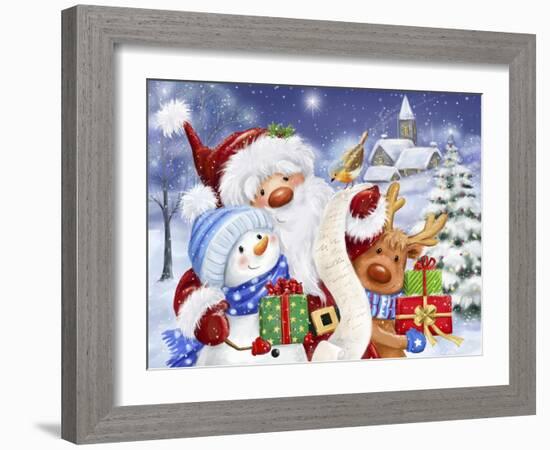 Santa, Snowman and Reindeer Reading Letter-MAKIKO-Framed Giclee Print