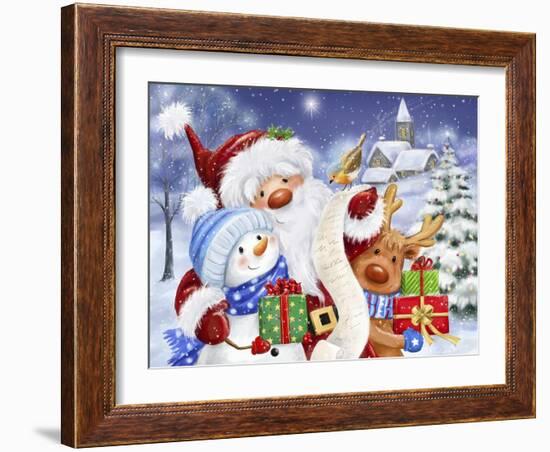 Santa, Snowman and Reindeer Reading Letter-MAKIKO-Framed Giclee Print