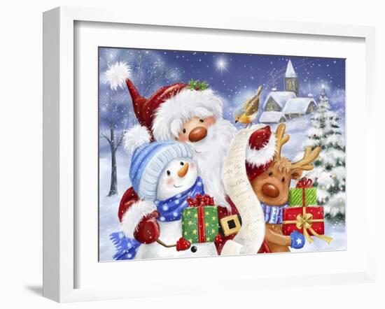 Santa, Snowman and Reindeer Reading Letter-MAKIKO-Framed Giclee Print