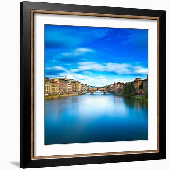 Santa Trinita and Old Bridge on Arno River, Sunset Landscape. Florence or Firenze, Italy.-stevanzz-Framed Photographic Print