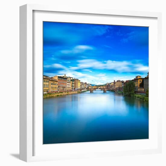 Santa Trinita and Old Bridge on Arno River, Sunset Landscape. Florence or Firenze, Italy.-stevanzz-Framed Photographic Print