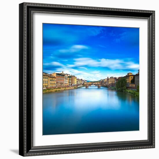 Santa Trinita and Old Bridge on Arno River, Sunset Landscape. Florence or Firenze, Italy.-stevanzz-Framed Photographic Print