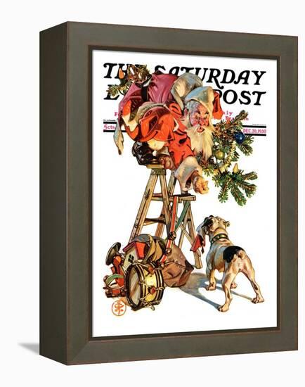 "Santa Up a Ladder," Saturday Evening Post Cover, December 20, 1930-Joseph Christian Leyendecker-Framed Premier Image Canvas